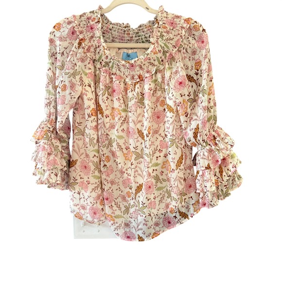 CeCe Tops - CeCe Smocked Floral Ruffle‎ Tiered Blouse Pink Small Romantic Feminine Coquette